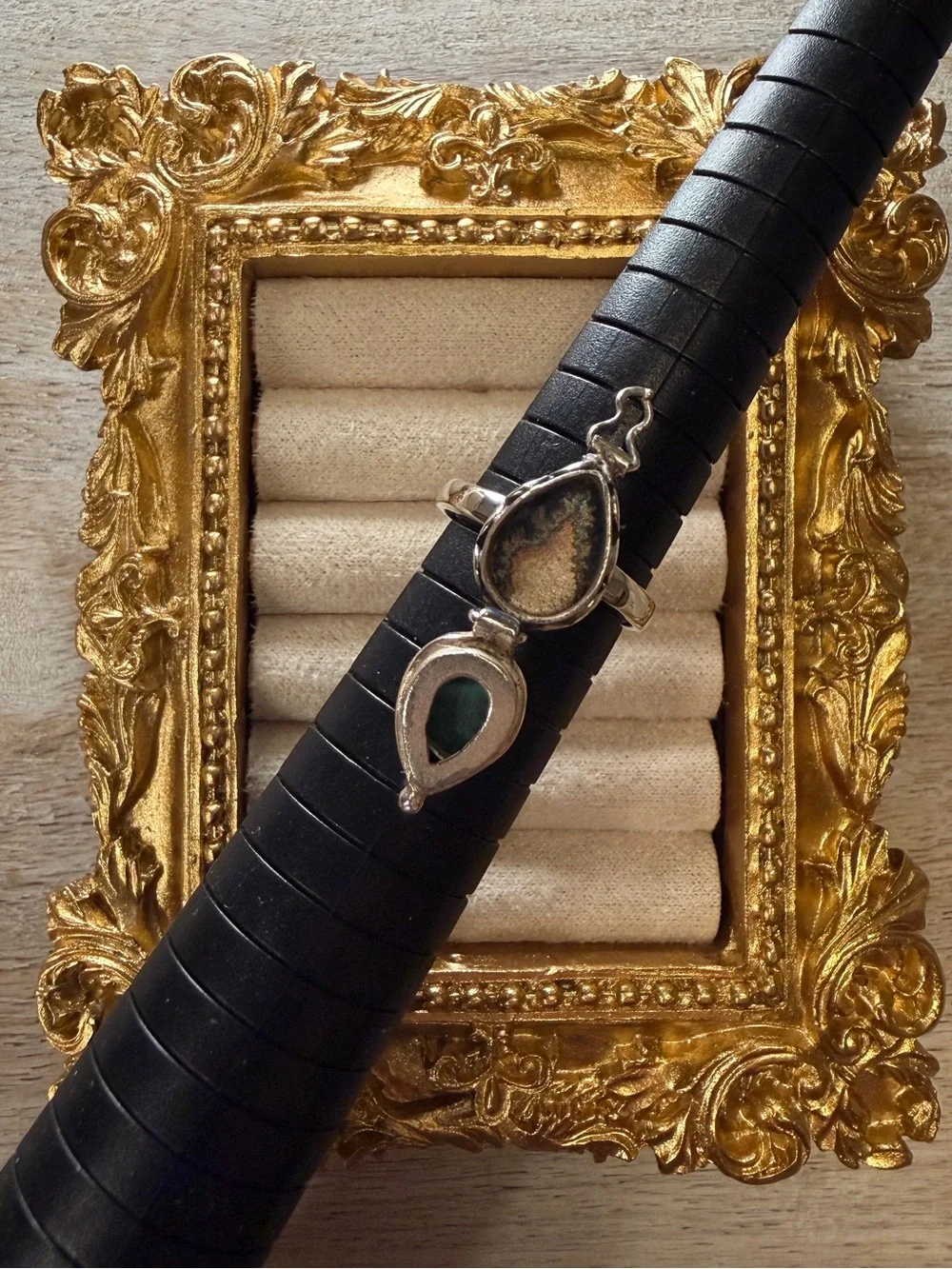 Sterling Silver Malachite Cabochon Poison Ring - Size 6.75